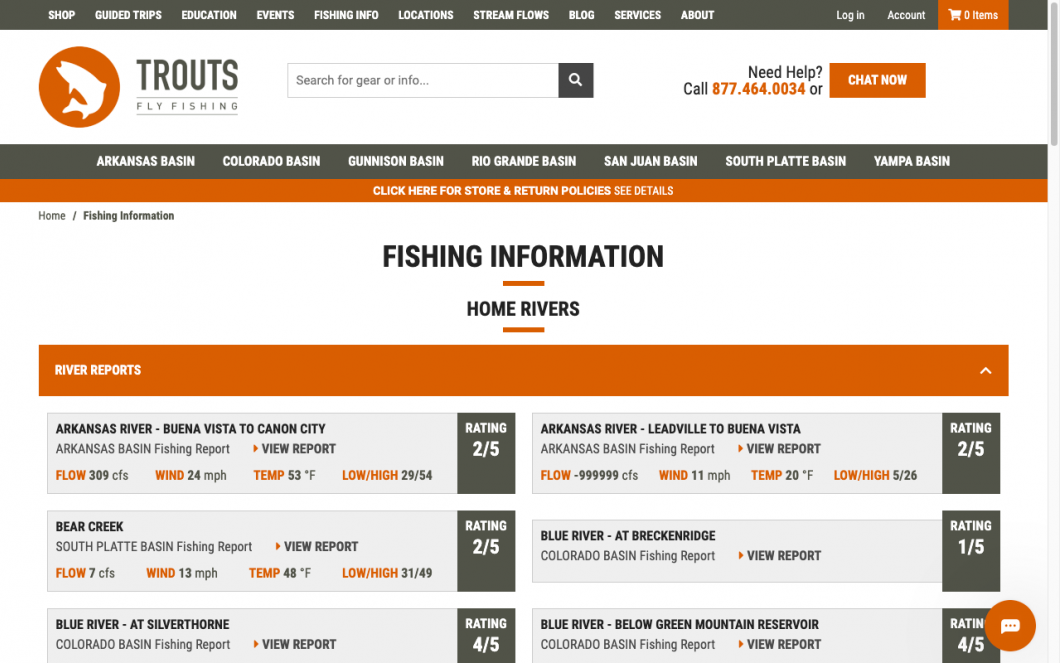 Screenshot of https://troutsflyfishing.com
