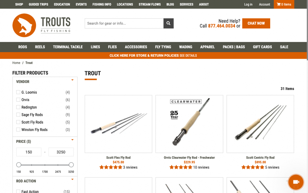 Screenshot of https://troutsflyfishing.com